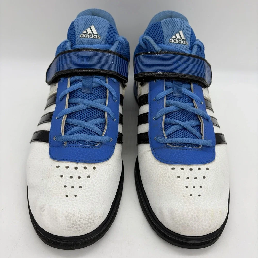Adidas Mens 11 Powerlift 2 Weightlifting Shoes Blue & White w/ Black 3-Stripes